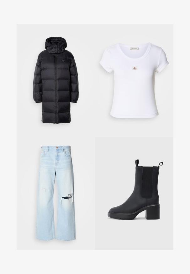 Zwarte gewatteerde jas met een capuchon, voorzien van een ritssluiting, elastische manchetten en een logo op de borst. Zachte textuur en knie-lange ontwerp.; Witte fitted t-shirt van ribstof, met een ronde halslijn en korte mouwen. Een klein CK-logo is op de borst gestikt.; Lichtblauwe wijde jeans van denim, met een hoge taille, grote scheuren bij de knieën en een klassieke vijf-pocket stijl met koperen details.; Zwarte enkellaars met een gladde rubberen materiaal, elastische zijkanten, blokhak en instaplipjes aan de bovenkant voor makkelijk aan- en uittrekken.