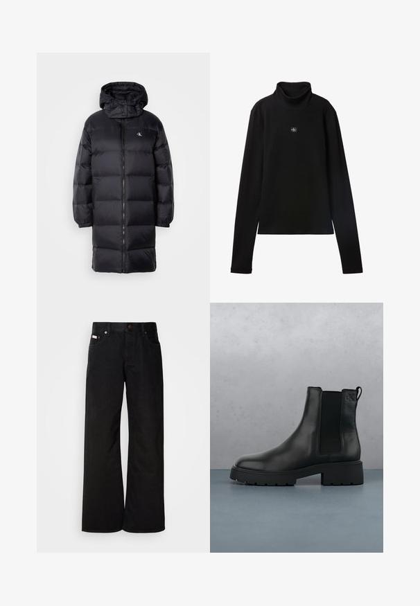 Sort pufferjakke med hætte, der har lynlås lukning, elastiske manchetter og et logo på brystet. Blød tekstur og knælangt design.; Sort ribstrikket bluse med lange ærmer og lille firkantet Calvin Klein-logo placeret centralt på brystet.; Sorte breddebenede jeans lavet af bomuld. Har forlommer, en knaplukning og en klassisk denimtekstur. Minimalistisk design uden mønstre.; Sort læder Chelsea-boot med elastiske sidepaneler, tekstureret finish og en robust sål, placeret over brune træfliser med småsten.