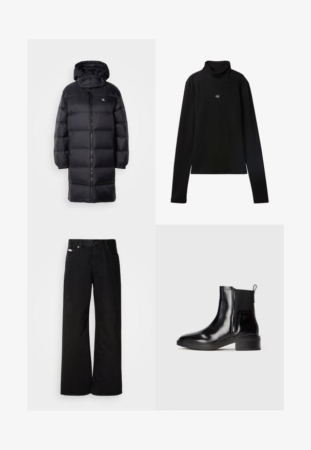 Sort pufferjakke med hætte, der har lynlås lukning, elastiske manchetter og et logo på brystet. Blød tekstur og knælangt design.; Sort ribstrikket bluse med lange ærmer og lille firkantet Calvin Klein-logo placeret centralt på brystet.; Sorte breddebenede jeans lavet af bomuld. Har forlommer, en knaplukning og en klassisk denimtekstur. Minimalistisk design uden mønstre.; Skinnende sort læder ankelsko med elastisk sidepanel, trækstrop ved hælen og lav blokhæl på en ensfarvet lys baggrund.