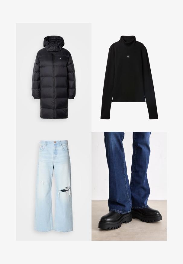 Manteau en noir matelassé avec capuche, doté d'une fermeture éclair, de poignets élastiques et d'un logo sur la poitrine. Texture douce et design long jusqu'aux genoux.; Haut noir à col roulé côtelé à manches longues avec petit patch carré du logo Calvin Klein centré sur la poitrine.; Jean large bleu clair en denim, avec une taille haute, de grandes déchirures au niveau des genoux, et un design classique à cinq poches avec des accessoires en cuivre.; Bottes plates-formes noires robustes avec des semelles en caoutchouc texturé, bout rond et empiècement en cuir lisse, associées à un jean bleu évasé.