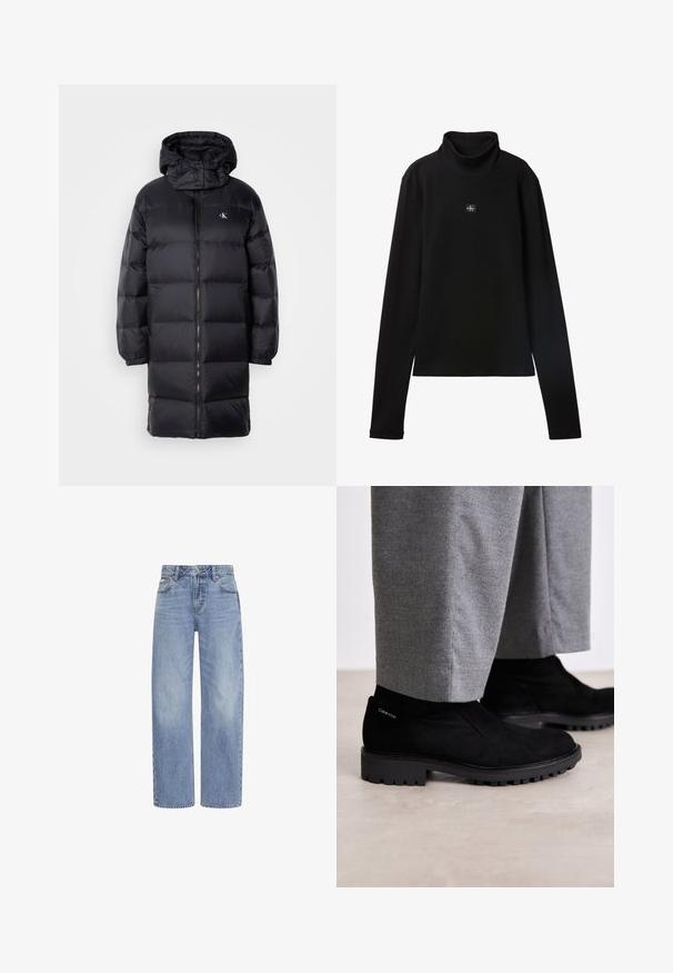 Manteau en noir matelassé avec capuche, doté d'une fermeture éclair, de poignets élastiques et d'un logo sur la poitrine. Texture douce et design long jusqu'aux genoux.; Haut noir à col roulé côtelé à manches longues avec petit patch carré du logo Calvin Klein centré sur la poitrine.; Jean denim bleu clair à jambes droites avec poches avant, passants de ceinture et fermeture par bouton et fermeture éclair.; Bottines en suede noir avec semelle en caoutchouc, dotées d'un panneau élastique sur le côté et d'un accent de logo sur le talon. Associées à un pantalon gris.