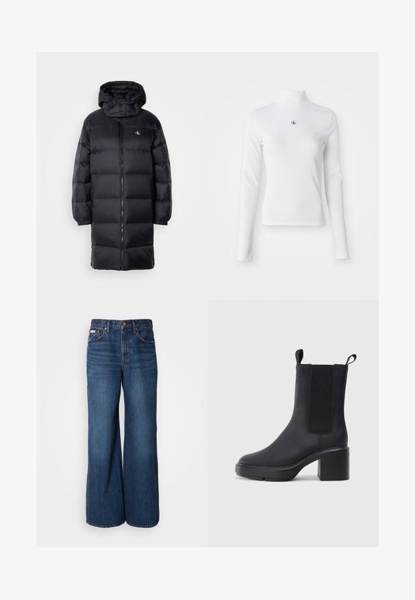 Sort pufferjakke med hætte, der har lynlås lukning, elastiske manchetter og et logo på brystet. Blød tekstur og knælangt design.; Langærmet, hvid turtleneck-top lavet af ribbet materiale. Har et lille broderet logo i midten. Tæt pasform uden mønstre.; Bredde jeans lavet af mørkeblåt denim. Funktioner inkluderer en høj talje, fem lommer og kontrasterende orange syninger langs sømmene.; Sorte ankelstøvler i glat gummimateriale, med elastiske sidepaneler, blokhæle og trækskilt øverst for nem påtagning.