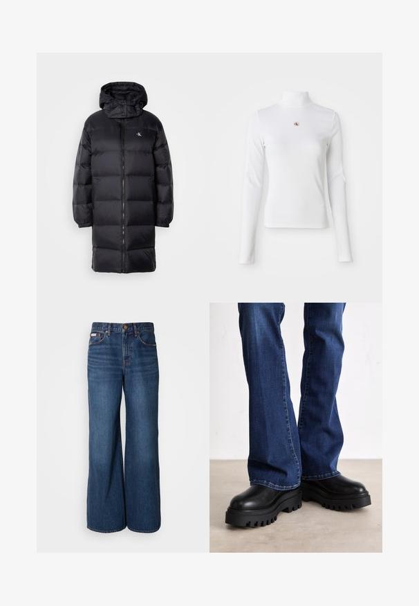 Zwarte gewatteerde jas met een capuchon, voorzien van een ritssluiting, elastische manchetten en een logo op de borst. Zachte textuur en knie-lange ontwerp.; Witte turtleneck met lange mouwen, gemaakt van ribbelstof. Bevat een klein geborduurd logo in het midden. Aansluitend ontwerp zonder patronen.; Wijdvallende jeans van donkerblauwe denim. Kenmerken zijn een hoge taille, vijf zakken en contrasterende oranje stiksels langs de naden.; Chunky zwarte platformlaarzen met gestructureerde rubberen zolen, een ronde neus en een glad leren bovenwerk, gecombineerd met blauwe flared jeans.