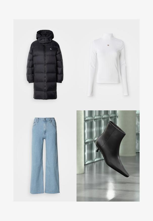 Zwarte gewatteerde jas met een capuchon, voorzien van een ritssluiting, elastische manchetten en een logo op de borst. Zachte textuur en knie-lange ontwerp.; Witte turtleneck met lange mouwen, gemaakt van ribbelstof. Bevat een klein geborduurd logo in het midden. Aansluitend ontwerp zonder patronen.; Lichtblauwe wijde jeans van denim, met een aansluitende taille, vijf-pocket ontwerp en subtiele stiksels.; Zwarte leren enkellaars met puntige neus en lage hak, afgebeeld tegen een glazen blokkenmuur en gepolijste vloer op de achtergrond.