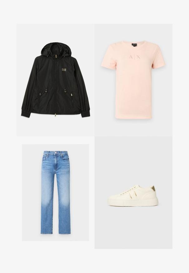 Schwarze Kapuzenjacke aus leichtem, glänzendem Material. Besitzt goldene Beschläge, zwei Fronttaschen und elastische Bündchen für einen engen Sitz.; Hellrosa kurzärmliges T-Shirt mit kleinem, dezentem A|X-Logo zentriert auf der Brust, Rundhalsausschnitt und schlichtem Design.; Hoch taillierte, gerade geschnittene blaue Denim-Jeans mit Vordertaschen, Gürtelschlaufen, Knopf und ausgewaschenen Details an Oberschenkeln und Knien.; Cremfarbene Low-Top-Sneaker mit goldenen Akzenten, Schnürsenkeln und geprägtem "Armani Exchange"-Branding auf der Sohle und dem Seitenpatch.