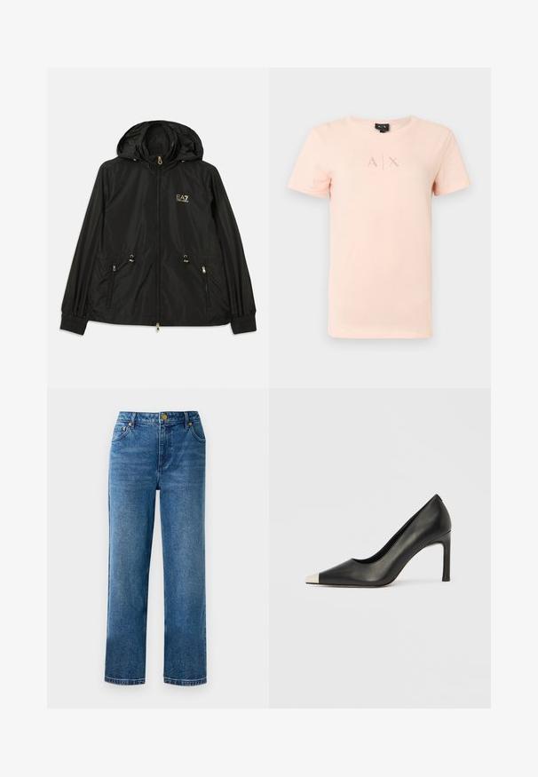 Schwarze Kapuzenjacke aus leichtem, glänzendem Material. Besitzt goldene Beschläge, zwei Fronttaschen und elastische Bündchen für einen engen Sitz.; Hellrosa kurzärmliges T-Shirt mit kleinem, dezentem A|X-Logo zentriert auf der Brust, Rundhalsausschnitt und schlichtem Design.; Blaue hochgeschnittene Jeans mit geradem Bein, aus Denim, mit fünf Taschen und goldfarbenen Hardware-Details.; Schwarzer Lederschuh mit hohem Absatz, spitz zulaufender Zehenpartie und metallischer silberner Spitze. Verfügt über eine glatte Oberfläche und einen schlanken 10 cm hohen Absatz.