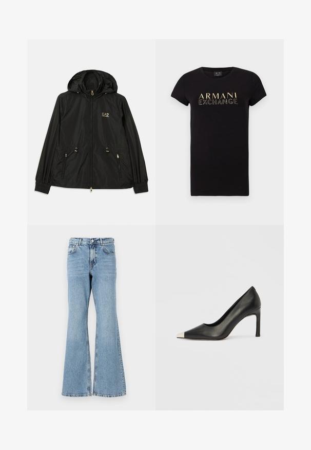 Veste noire à capuche en matériau léger et brillant. Dotée de accessoires dorés, de deux poches avant et de poignets élastiques pour un ajustement confortable.; T-shirt noir à manches courtes avec un col rond, présentant un logo doré "ARMANI EXCHANGE" imprimé sur le devant. Matière en coton.; Jean en denim bleu clair évasé avec une taille haute, présentant une fermeture à bouton, cinq poches et un délavage avec un léger effet de froissement.; Chaussure à talon haut en cuir noir avec bout pointu et capuchon argenté métallique. Présente une finition lisse et un talon fin de 10 cm.