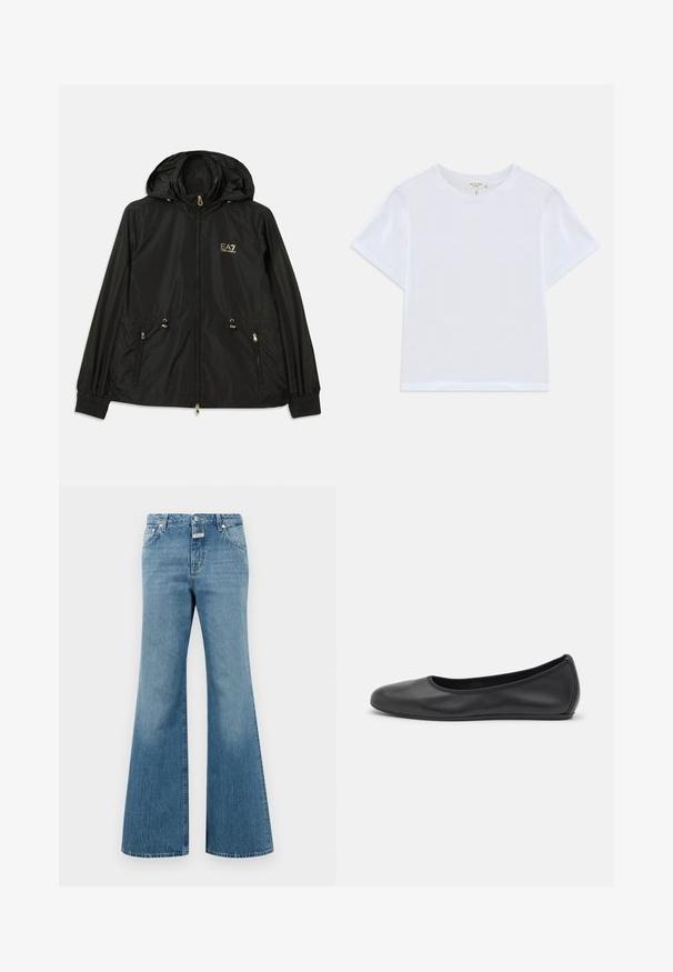 Zwarte hoodiejas van lichtgewicht glanzend materiaal. Voorzien van gouden hardware, twee voorzakken en elastische manchetten voor een goede pasvorm.; Witte cropped t-shirt van zacht katoen, met een ronde hals en korte mouwen in een iets ontspannen pasvorm. Geen patronen of accenten.; Lichtblauwe spijkerbroek met flare, met een middelhoge taille, voorzien van voorzakken, een enkele knoopsluiting en subtiele slijtage-details.; Zwarte leren ballerina met een ronde neus, gladde textuur, minimale stikdetails en een flexibele zoolontwerp.