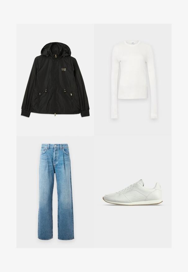 Sort hættejakke lavet af letvægts, skinnende materiale. Har guldhardware, to forlommer og elastiske manchetter for en tætsiddende pasform.; Hvid langærmet t-shirt lavet af blødt bomuld. Har rund halsudskæring, tætsiddende silhuet og glat tekstur. Ingen mønstre eller accenter.; Lyseblå højtaljede lige jeans med frontfolder, fem lommer, knaplukning og synlige sømme på en hvid baggrund.; Hvid lavtliggende lædersneaker med snørelukning foran, diskrete syningsdetaljer og beige gummisål på ensartet lys baggrund.