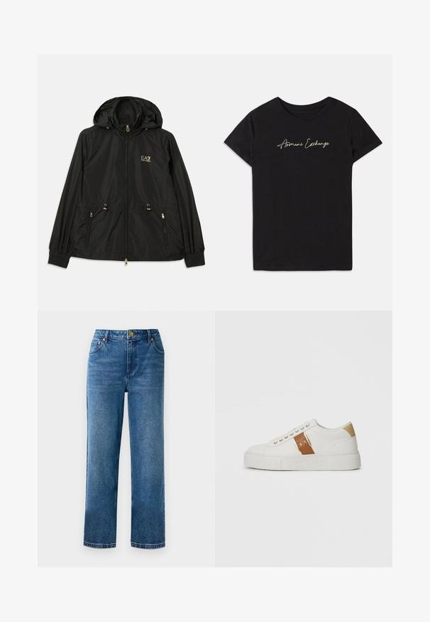 Veste noire à capuche en matériau léger et brillant. Dotée de accessoires dorés, de deux poches avant et de poignets élastiques pour un ajustement confortable.; T-shirt en coton noir avec des manches courtes et un col rond, orné d'un logo en cursive "Armani Exchange" en blanc.; Jean taille haute bleu avec une coupe droite, en denim, comportant cinq poches et des détails en métal doré.; Baskets blanches basses avec un patch de talon beige, une sangle en cuir marron équipée d'une boucle dorée et du logo A|X, et une semelle en relief Armani Exchange.