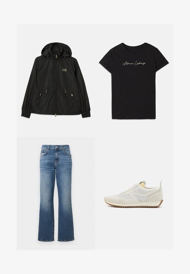 Schwarze Kapuzenjacke aus leichtem, glänzendem Material. Besitzt goldene Beschläge, zwei Fronttaschen und elastische Bündchen für einen engen Sitz.; Schwarzes Baumwoll-T-Shirt mit kurzen Ärmeln und Rundhalsausschnitt, verziert mit einem kursiven "Armani Exchange"-Logo in Weiß.; Blaue Denim-Jeans mit geradem Bein, mittelhoher Taille, fünf Taschen Design und dezenten Verwaschungen entlang der Beine.; Weiße Sneaker mit Mesh-Einsätzen und Wildleder-Akzenten, ausgestattet mit einer Gummisohle mit Zickzackprofil und einem gepolsterten Kragen in sanftem Gelb.