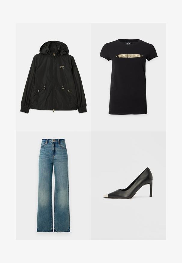 Veste noire à capuche en matériau léger et brillant. Dotée de accessoires dorés, de deux poches avant et de poignets élastiques pour un ajustement confortable.; T-shirt noir à manches courtes avec texte doré "ARMANI EXCHANGE" centré sur la poitrine et col rond.; Un jean en denim bleu clair à taille haute, style large, doté de cinq poches et d'ourlets légèrement effilochés, présentant une finition texturée et décolorée.; Chaussure à talon haut en cuir noir avec bout pointu et capuchon argenté métallique. Présente une finition lisse et un talon fin de 10 cm.