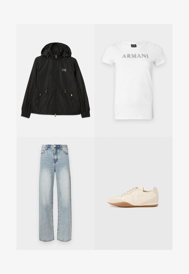 Veste noire à capuche en matériau léger et brillant. Dotée de accessoires dorés, de deux poches avant et de poignets élastiques pour un ajustement confortable.; T-shirt en coton blanc avec l'inscription "ARMANI" en lettres argentées métalliques sur le devant. Manches courtes et col rond.; Jean large couleur bleu clair en denim, doté d'une taille haute, d'un design à cinq poches, d'une texture délavée et de détails de coutures visibles.; Baskets beige clair avec une tige en cuir texturé, des panneaux latéraux texturés et une semelle en caoutchouc. Dotées d'un design fin et épuré ainsi que de lacets plats.