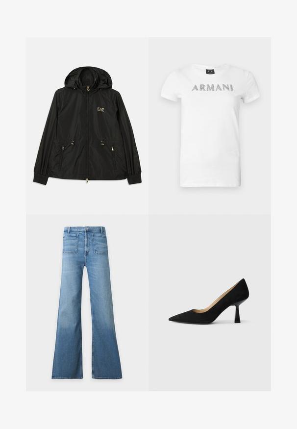 Sort hættejakke lavet af letvægts, skinnende materiale. Har guldhardware, to forlommer og elastiske manchetter for en tætsiddende pasform.; Hvid bomulds t-shirt med metallisk sølv "ARMANI" bogstaver på forsiden. Kortærmet og med rund halsudskæring.; Højtaljede lyseblå denimjeans med brede vidde ben og forlommer med lap, knaplukning og bæltestropper.; Sorte ruskinds højhælede pumps med spids tå, der har en blank sort blokhæl og en glat indvendig foring.