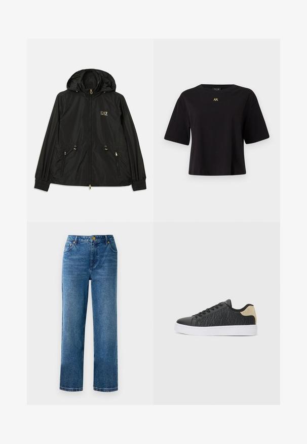Veste noire à capuche en matériau léger et brillant. Dotée de accessoires dorés, de deux poches avant et de poignets élastiques pour un ajustement confortable.; T-shirt noir à manches courtes en coton avec une coupe décontractée, arborant un logo doré "AX" centré sur la poitrine.; Jean taille haute bleu avec une coupe droite, en denim, comportant cinq poches et des détails en métal doré.; Baskets noires avec une tige texturée présentant des motifs géométriques, semelle intermédiaire blanche et accent doré à l'arrière. Design lacé. Semelle plate.