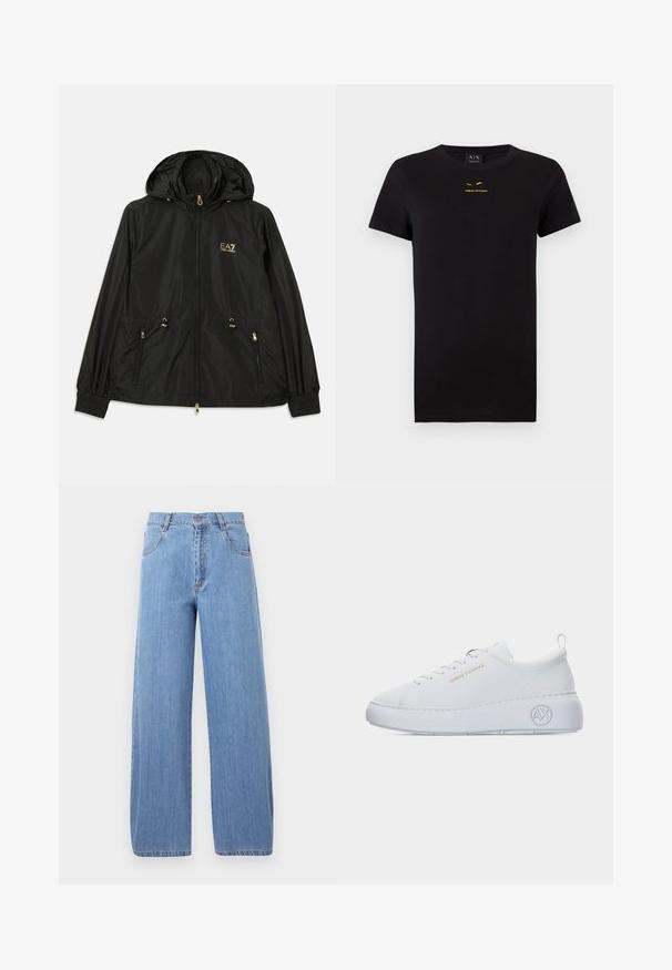 Sort hættejakke lavet af letvægts, skinnende materiale. Har guldhardware, to forlommer og elastiske manchetter for en tætsiddende pasform.; Sort kortærmet T-shirt lavet af bomuld. Har et trykt guldlogo på brystet. Klassisk runde hals design. Blød tekstur.; Lyseblå, vidde jeans lavet af denim, med høj talje, forlommer og diskrete syninger på sømmene.; Hvid lavt snøret sneaker med tyk sål, guld "Armani Exchange" tekst på siden og "AX" logo præget på hælområdet.