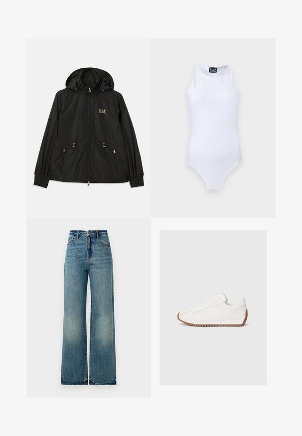 Sort hættejakke lavet af letvægts, skinnende materiale. Har guldhardware, to forlommer og elastiske manchetter for en tætsiddende pasform.; Hvid ærmeløs badedragt med høj halsudskæring og EA7 Emporio Armani-logo på brystet og indvendig label.; Lysblå denim vidbenede jeans har en høj talje, fem lommer og let rippede kanter, der viser en tekstureret, falmet finish.; Hvide sneakers med glat læderoverdel, tekstureret gummisål, rund tå og diskrete syninger. Kontrastfarvet brun gummisål.