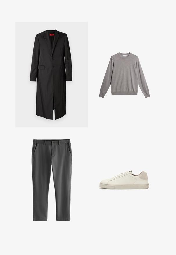 Sort lang frakke i letvægtsstof med enkelt knaplukning, to knapper og sidelommer. Minimalistisk stil med en slank silhuet.; Grå sweater lavet af blødt materiale, med rund hals, ribbede manchetter og kant, samt et diskret logo på forsiden.; Mørkegrå skræddersyede bukser med bæltestropper, forreste knap og lynlås lukning samt skrå sidelommer, vist på en hvid baggrund.; Hvid lavtopet lædersneaker med hvide snørebånd, let struktureret sål og lys grå ruskinds-hælpatch, sideudsigt.