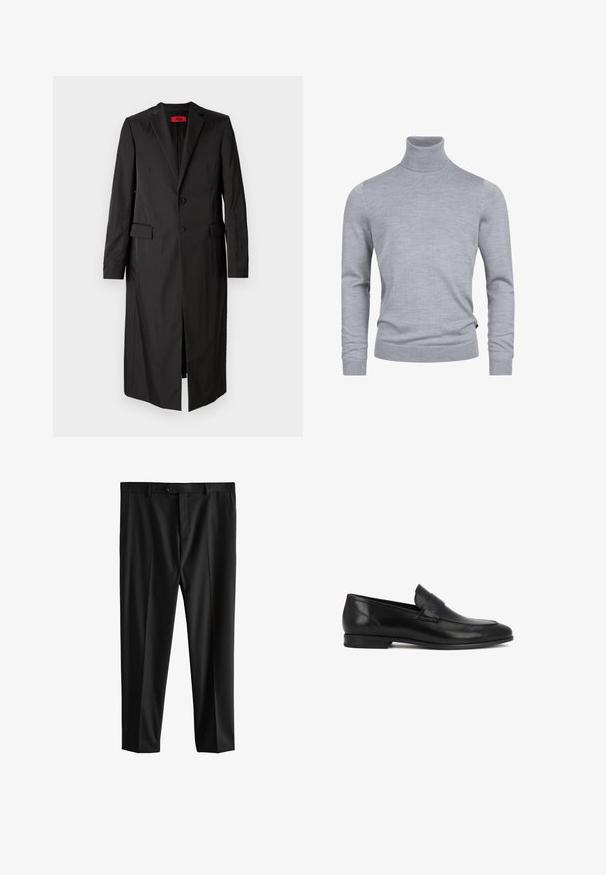Sort lang frakke i letvægtsstof med enkelt knaplukning, to knapper og sidelommer. Minimalistisk stil med en slank silhuet.; Grå turtleneck sweater lavet af et blødt strikket stof. Har lange ærmer og en tætsiddende design med ribbede manchetter og kant. Enkel, glat tekstur.; Sorte skræddersyede bukser med bæltestropper, frontknaplukning og sidelommer, vist fladt på hvid baggrund.; Sort læder herre loafer med lav hæl og rem over vristen, vist mod en hvid baggrund.