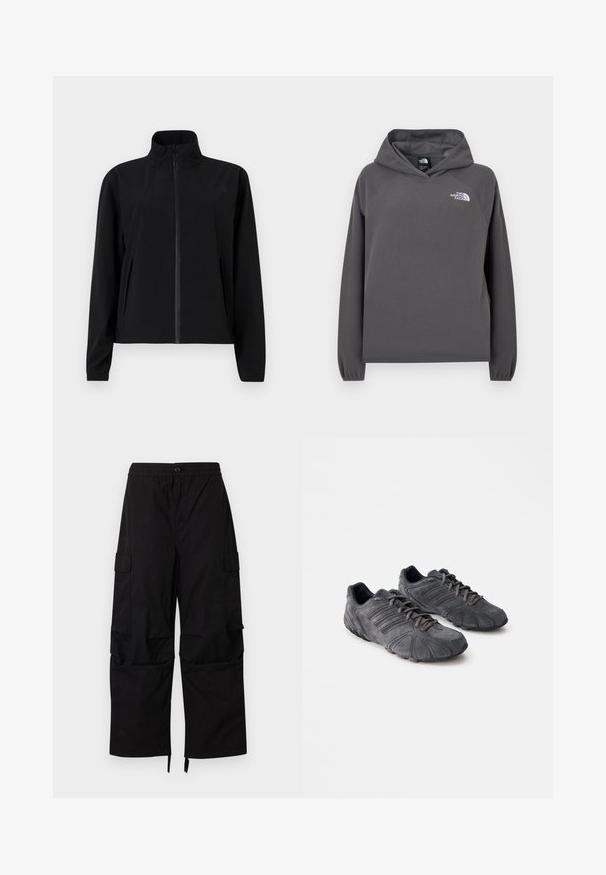 Veste coupe-vent noire avec un col haut, fermeture éclair sur toute la longueur à l'avant, et deux poches latérales. Fabriquée en tissu léger et lisse.; Sweat à capuche gris en polaire avec une coupe décontractée, des poignets côtelés et un petit logo blanc sur la poitrine gauche. Texture douce et design simple.; Pantalon cargo noir avec taille élastique, fermeture à boutons, poches latérales à rabat, et jambes larges et droites avec ourlets ajustables.; Baskets de sport en suède noir avec une surface texturée, un design arrondi et des semelles en caoutchouc. Elles sont dotées de lacets et de rayures horizontales sur les côtés.