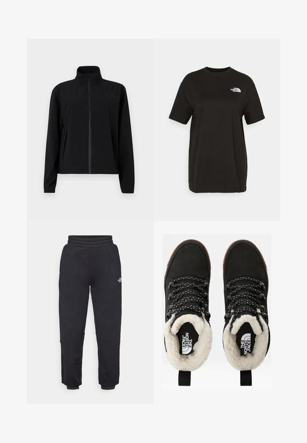 Veste coupe-vent noire avec un col haut, fermeture éclair sur toute la longueur à l'avant, et deux poches latérales. Fabriquée en tissu léger et lisse.; T-shirt noir en coton à manches courtes, col rond, avec un petit logo blanc sur la poitrine gauche. Texture lisse, coupe décontractée.; The North Face W MOUNTAIN ATHLETICS - Pantalon de survêtement - black; Bottes noires en cuir synthétique imperméables à la cheville, avec une doublure en fausse fourrure, un tissu texturé, des lacets à motifs noirs et blancs, et une languette au niveau du talon.