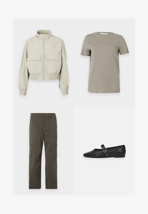 Veste cropped gris clair avec un col montant, fermeture éclair devant et deux grandes poches poitrine. Les poignets et l'ourlet élastiqués ajoutent de la texture.; T-shirt à manches courtes couleur kaki en tissu doux. Col rond ; ourlet droit. Design minimaliste sans motifs ni accents visibles.; Good American CROPPED PANTS - Pantalon cargo - fatigue; Chaussure plate en cuir noir avec un bout arrondi, une seule sangle réglable à boucle et une texture lisse et brillante. Design minimaliste avec un petit talon.