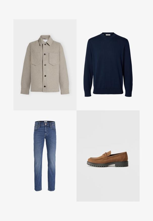 Veste en laine beige clair boutonnée, avec deux poches poitrine, col pointu et manches longues.; Pull bleu marine à manches longues et col rond, avec poignets et bas côtelés, étiqueté Selected au niveau du col.; Jean en denim bleu à jambe droite avec fermeture à boutons et zip, poches avant et arrière, et légère décoloration aux cuisses et aux genoux.; Mocassins en daim marron avec un bout arrondi et une semelle noire en caoutchouc basse, présentant une sangle décorative et des détails de couture sur le dessus.