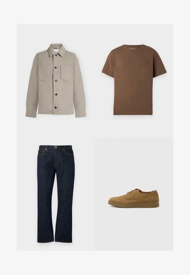 Veste en laine beige clair boutonnée, avec deux poches poitrine, col pointu et manches longues.; T-shirt en coton marron à coupe décontractée, manches courtes et encolure ronde. Design simple, sans motifs ni accents.; Jean droit en denim bleu foncé avec poches avant, rivets en cuivre et fermeture par bouton.; Chaussure décontractée à lacets en daim marron avec semelle en caoutchouc plate, vue de côté sur un fond clair uni.