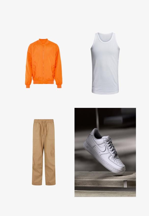 Blouson orange en nylon avec une fermeture éclair sur le devant, des poignets côtelés et deux poches latérales. Fabriqué en matériau lisse et léger.; Débardeur en coton blanc avec un col rond, des bretelles larges et un marquage minimal imprimé à l'intérieur du col. Texture douce, coupe décontractée.; Pantalons cargo beiges avec une taille élastique, fermeture à cordon de serrage et deux grandes poches latérales. Le tissu semble lisse avec une coupe décontractée.; La basket Nike Air Force 1 en cuir blanc présente un embout perforé, des lacets plats et une semelle en caoutchouc texturée avec le logo « AIR » sur le côté.
