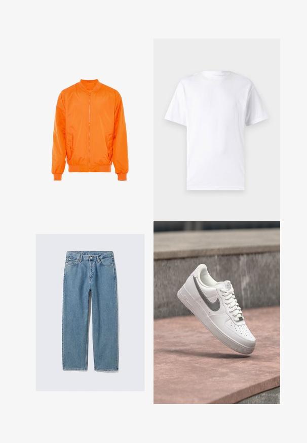 Orange bomber jakke med lynlås foran, ribbede manchetter og to sidelommer. Fremstillet af glat, letvægtsmateriale.; Hvid kortærmet t-shirt lavet af bomuld med rund hals, der har en glat tekstur og et simpelt design uden mønstre eller accenter.; Lyseblå jeans med lige ben, forlommer, bæltestropper og knaplukning på ensfarvet baggrund.; Hvid Nike Air Force 1 sneaker med gråt swoosh-logo svævende over en stensurface og en grå stenvæg i baggrunden.