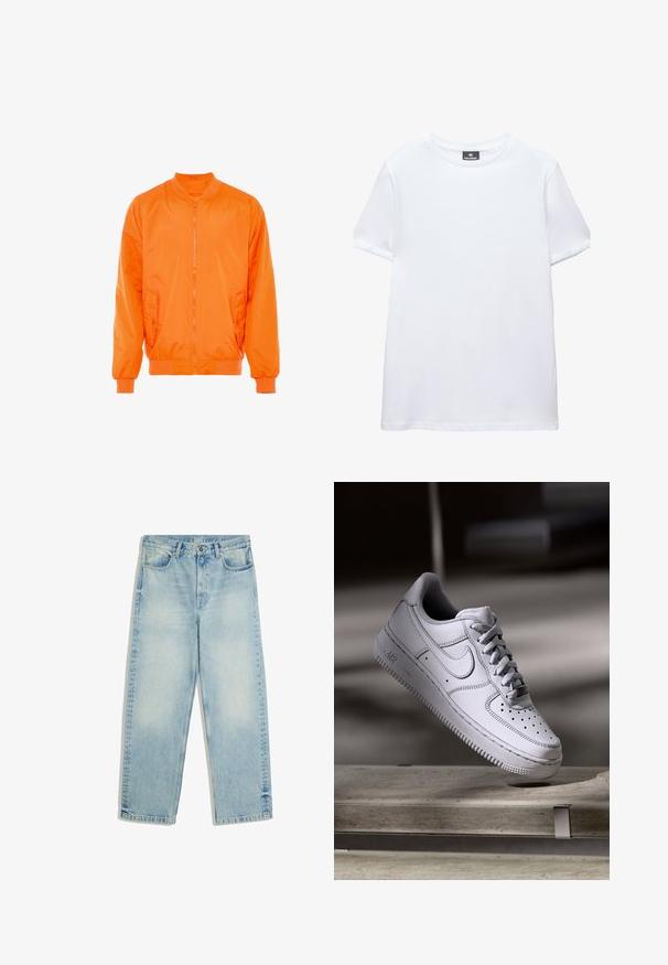 Orange bomber jakke med lynlås foran, ribbede manchetter og to sidelommer. Fremstillet af glat, letvægtsmateriale.; Simpel hvid t-shirt med korte ærmer og rund halsudskæring med en sort Pull&Bear mærkat indeni kraven, vist på en hvid baggrund.; Lyseblå jeans med lige ben og høj talje, foran knap, lynlås, bæltestropper og forlommer, vist fladt på hvid baggrund.; Hvid læder Nike Air Force 1 sneaker med perforeret tå, flade snørebånd og tekstureret gummisål med "AIR" branding på siden.
