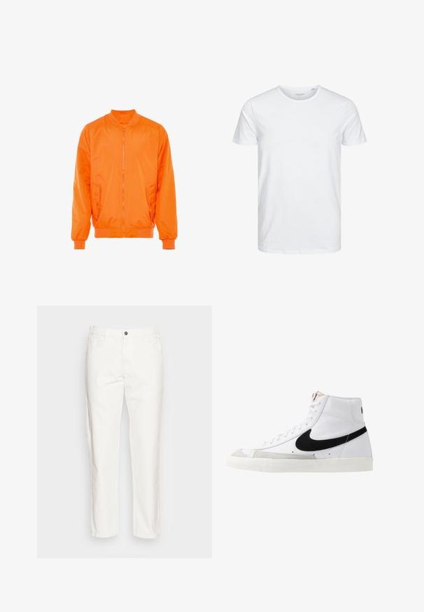 Orange bomber jakke med lynlås foran, ribbede manchetter og to sidelommer. Fremstillet af glat, letvægtsmateriale.; Rundhals kortærmet t-shirt i ensfarvet hvid, lavet af blød bomuld, har et simpelt design uden synlige mønstre eller detaljer.; Hvide bomuldsbukser med lige ben, forlommer, enkelt knaplukning og en blød tekstur.; Hvide høje sneakers med et sort swoosh, struktureret grå tåhætte og flad hvid sål. Har seks snørrehuller og syede detaljer.