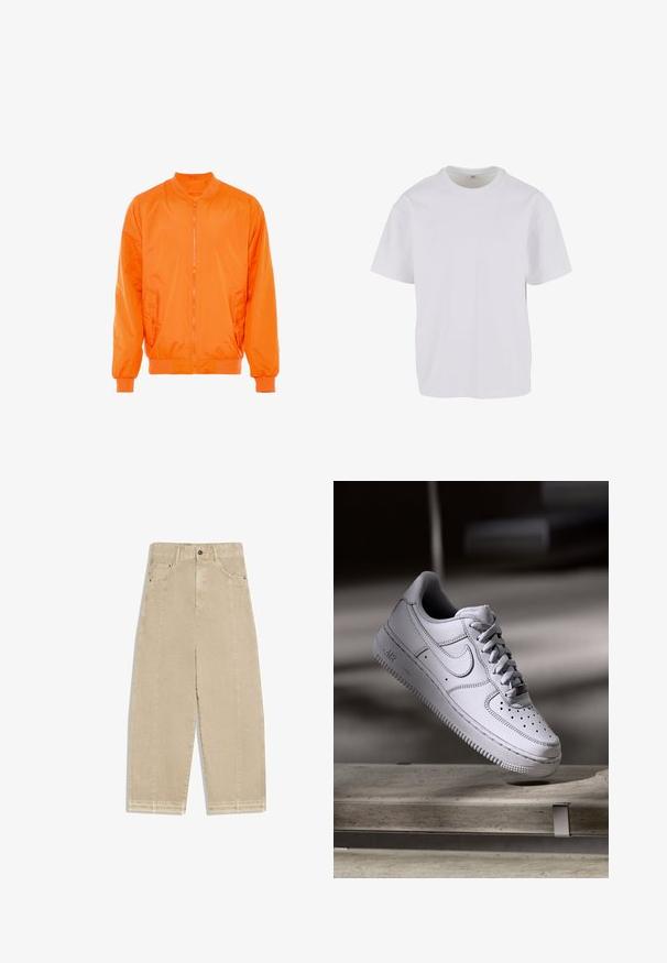 Orange bomber jakke med lynlås foran, ribbede manchetter og to sidelommer. Fremstillet af glat, letvægtsmateriale.; Hvid T-shirt med korteærmer lavet af blødt bomuld, med rund halsudskæring og en afslappet pasform med lige kant. Ingen mønstre eller detaljer synlige.; Beige vidbensjeans med høj talje, forlommer, knaplukning og frynser ved kanten.; Hvid læder Nike Air Force 1 sneaker med perforeret tå, flade snørebånd og tekstureret gummisål med "AIR" branding på siden.