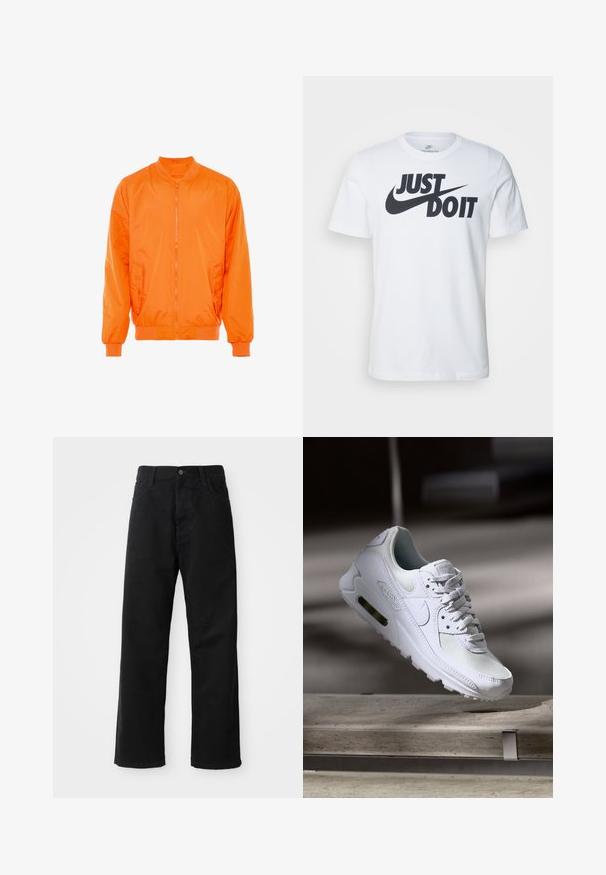 Blouson orange en nylon avec une fermeture éclair sur le devant, des poignets côtelés et deux poches latérales. Fabriqué en matériau lisse et léger.; T-shirt en coton blanc avec un logo noir "Just Do It" bien en vue et le swoosh de Nike. Design classique à col rond avec des manches courtes.; Pantalons en denim noir à coupe droite, avec poches avant, fermeture éclair et un seul bouton supérieur. Tissu texturé avec une finition mate.; Sneaker Nike Air Max 90 blanche avec une tige en mesh et cuir, une boîte à orteils perforée et une unité air visible au talon.