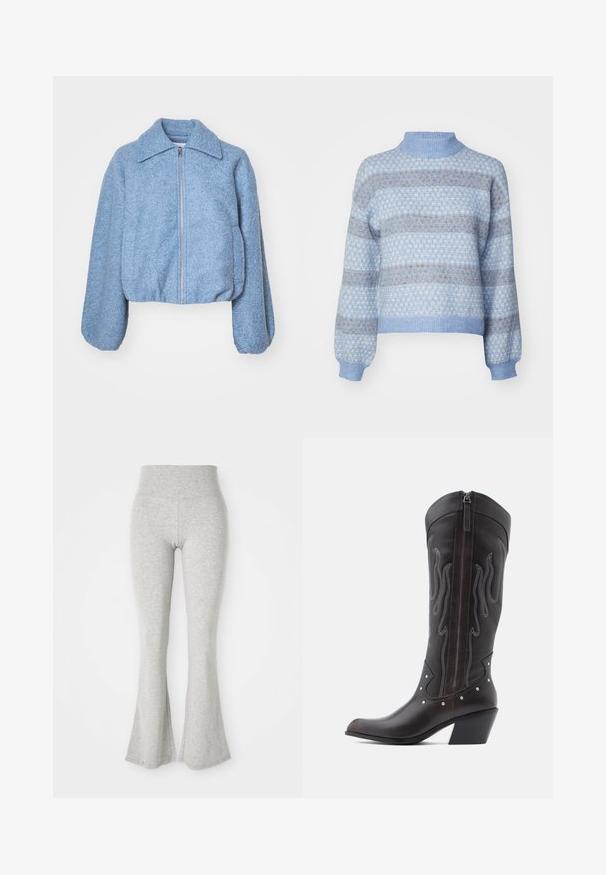 Blå cropped jakke lavet af tekstureret stof, med en frontlynlås, brede ærmer og en klassisk krave.; Lyseblå sweater med høj hals, prydet med et diamantmønster i mørkere nuancer af blå og brun, samt elastiske manchetter og kant.; Grå bredfede leggings lavet af blødt stof, med en elastisk talje og en glat struktur, der taper ned til en bred flade ved kanten.; Brune læder cowboystøvler med flammebroderi, sidelukning med lynlås, sølvnitter, spids snude og lagdelt hæl.