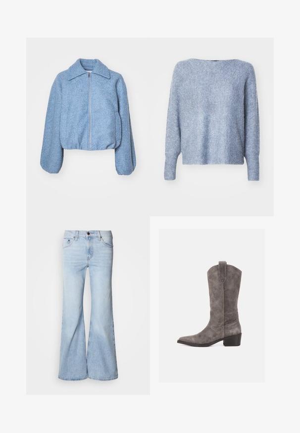 Chaqueta corta azul hecha de un tejido texturizado, con cremallera frontal, mangas anchas y un collar clásico.; ONLY ONLDANIELLA - Jersey de punto - grisaille melange; Jeans acampanados azul claro, con cintura alta, tejido vaquero, cinco bolsillos y cierre de botón. Las piernas son anchas y tienen un acabado ligeramente descolorido.; Bota western de ante gris hasta la mitad de la pantorrilla con puntera puntiaguda, lengüeta para tirar y tacón bajo y apilado sobre fondo blanco.