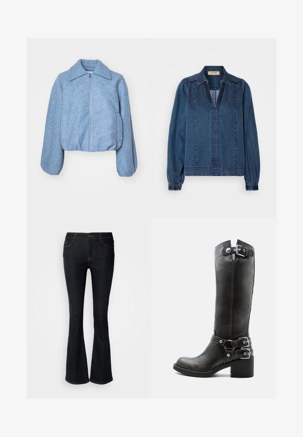 Blå cropped jakke lavet af tekstureret stof, med en frontlynlås, brede ærmer og en klassisk krave.; Denimjakke i mørkeblå, med v-hals, sammenfoldede ærmer og teksturerede syninger. Designet med en afslappet pasform og strukturerede skuldre.; Mørkeblå flagrende jeans lavet af denim. Har en mellemhøj talje, fem lommer og kontrastsyet langs sømmene. Klassisk og funktionelt design.; Høj sort læderstøvle med chunky hæl og tre justerbare sølvspænder på skaftet og anklen.