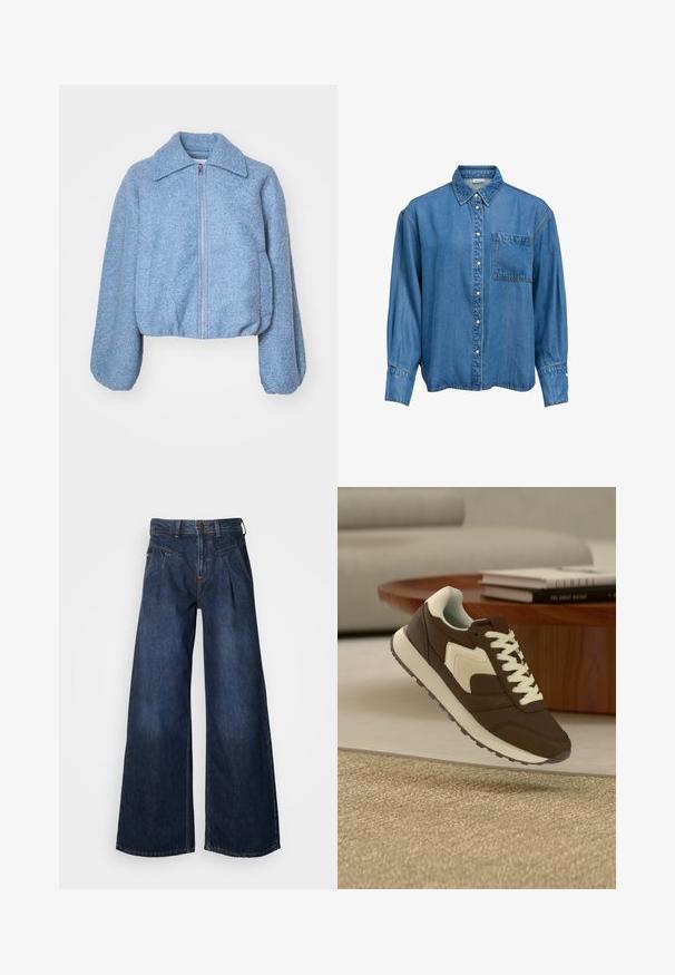 Blå cropped jakke lavet af tekstureret stof, med en frontlynlås, brede ærmer og en klassisk krave.; Blå denim langærmet skjorte med knapper foran, en enkelt brystlomme til venstre og en klassisk krave.; Bredde ben mørke denim jeans med høj talje, der har frontfolder og subtile syninger. Glat tekstur, afslappet design.; Brun og hvid sneaker med hvide snørebånd vist over et beige tæppe, nær et træ sofabord med stabel af bøger.