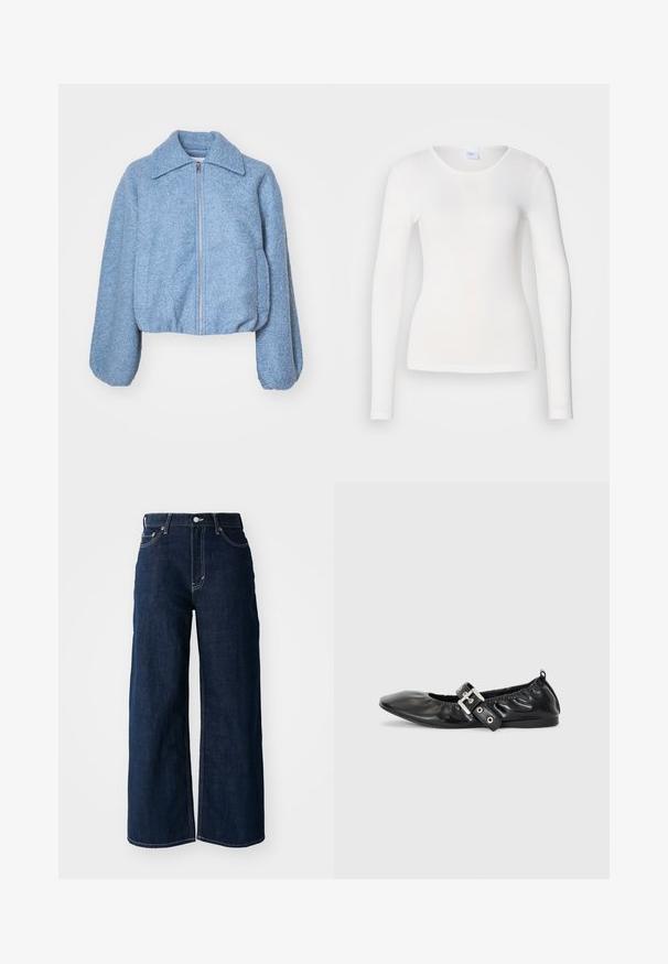 Blaue kurze Jacke aus strukturiertem Stoff, mit einem Frontreißverschluss, weiten Ärmeln und einem klassischen Kragen.; Weißes Langarmhemd aus einem weichen, glatten Stoff; hat einen runden Ausschnitt und eine figurbetonte Passform, ohne Muster oder Verzierungen.; Weit geschnittene, dunkelblaue Jeans mit kontrastierenden Nähten, fünf Taschen und einem Knopfverschluss an der Taille.; Schwarze Leder-Ballerinas mit spitzem Zehenbereich, gerafften Details am Schaft und einem silbernen Schnallenakzent am verstellbaren Riemen.