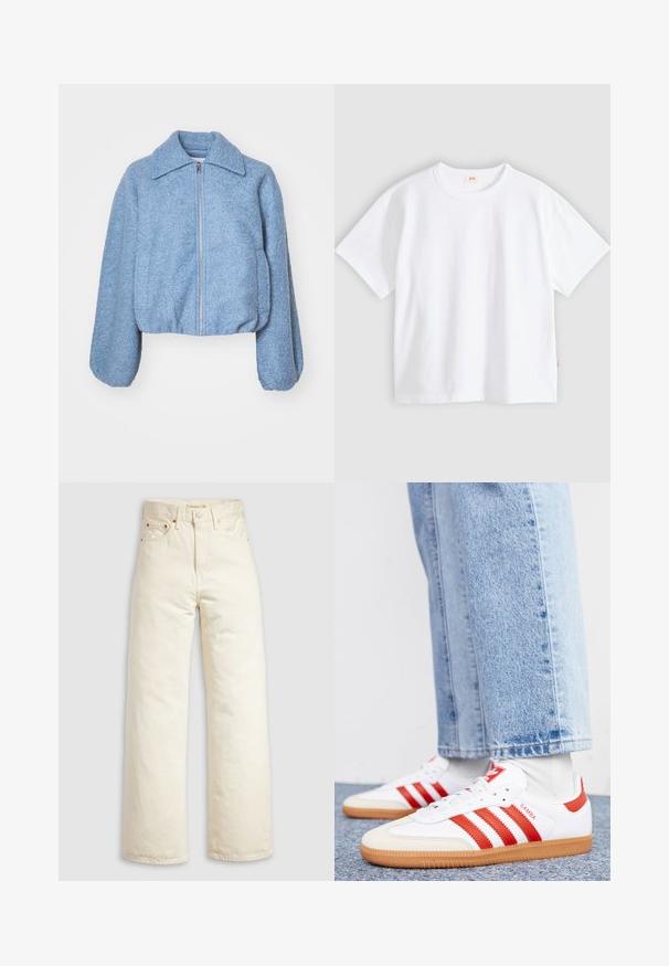 Blå cropped jakke lavet af tekstureret stof, med en frontlynlås, brede ærmer og en klassisk krave.; Hvid bomuld t-shirt med korte ærmer, rund hals, afslappet pasform, glat tekstur og en lille logolabel på venstre sidesøm.; Vidbenede jeans i offwhite denim med høj talje, kobbernitter og klassisk design med fem lommer. Struktureret stof med rene kanter.; Hvide lædersneakers med røde striber og accenter. Har en tekstureret gummisål og polstret krave. Bæres med lyseblå denim.