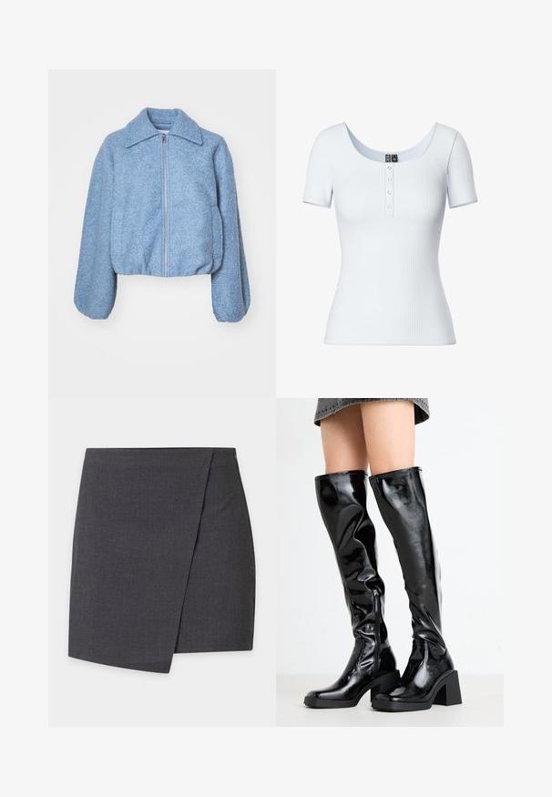 Blå cropped jakke lavet af tekstureret stof, med en frontlynlås, brede ærmer og en klassisk krave.; Lyseblå ribbet kortærmet top med rund udskæring og fem knaps lukning foran. Blødt, strækbart stof med en tætsiddende pasform.; Mørkegrå mininederdel i wrap-stil med rene linjer og diskret overlapning i siden.; Sorte, glansende støvler til knæene med en firkantet tå og kraftig hæl. Har en sidelukning med lynlås og et tætsiddende, struktureret design.