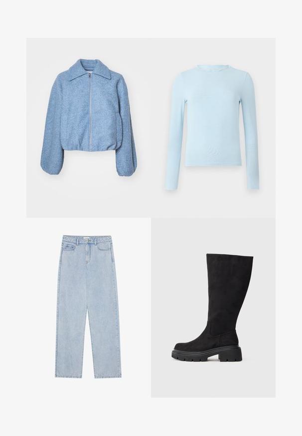 Blaue kurze Jacke aus strukturiertem Stoff, mit einem Frontreißverschluss, weiten Ärmeln und einem klassischen Kragen.; Hellblaues Langarmoberteil aus glattem Stoff, mit einem gewellten Halsauschnitt und taillierter Passform, geradem Saum und ohne Muster.; Helles blau, hoch taillierte Denim-Jeans mit geradem Bein, fünf Taschen und sichtbaren Nähten. Material hat eine klassische Waschtextur.; Schwarzer kniehoher Stiefel aus weichem Wildleder mit einer klobigen schwarzen Gummisohle und leicht abgerundeter Spitze. Verfügt über ein nahtloses Design und eine glatte Textur.