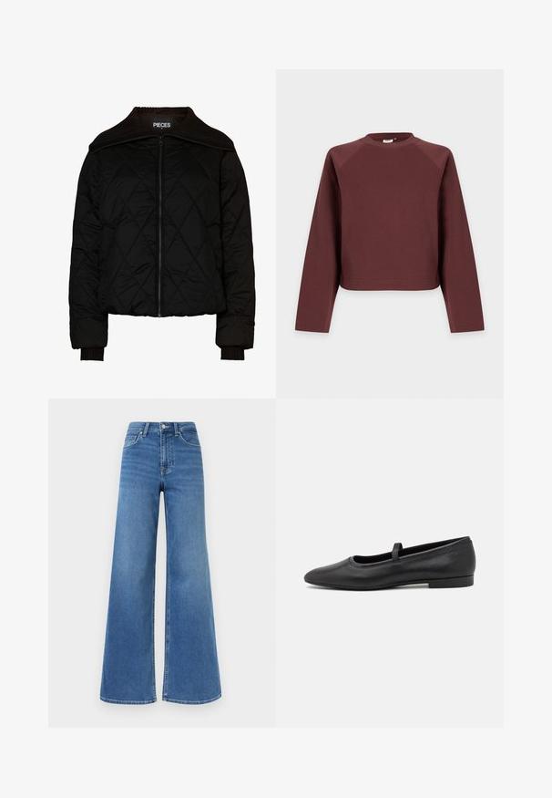 Čierna prešívaná bombera bunda s rebrovým golierom a manžetami, s plastovým zipsom. Ľahký materiál s diamantovým vzorom. Veľkosť M.; Mikina s dlhým rukávom, okrúhlym výstrihom, jednofarebná hnedá vo voľnom strihu, zobrazená na svetlosivom pozadí.; Modré rifle z denimu s vysokým pásom, širokými nohavicami, predným zapínaním na gombíky a zips, a prednými aj zadnými vreckami.; Čierne baletky vyrobené z hladkej kože, s okrúhlou špičkou, malým pásikom cez vrch a minimalistickým dizajnom.