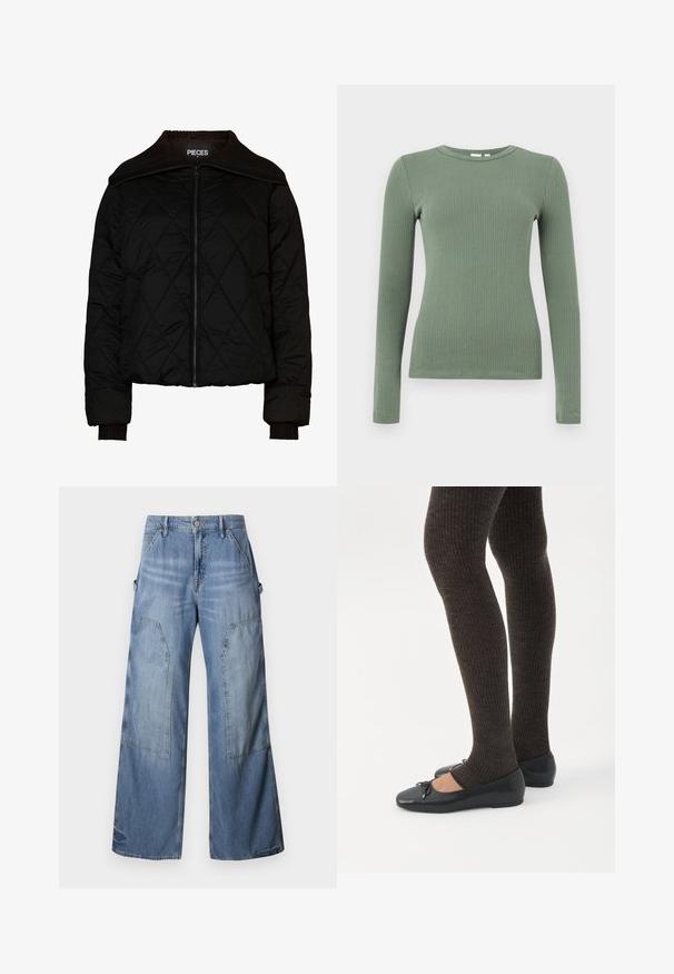 Chaqueta bomber acolchada negra con cuello y puños acanalados, que presenta un cierre de cremallera. Tela ligera con un patrón de diamantes. Talla M.; Top de punto acanalado de manga larga con cuello redondo en verde apagado y silueta entallada.; Good American GOOD EASE RELAXED - Vaqueros boyfriend - indigo; Piernas con leggings oscuros acanalados combinados con bailarinas negras que presentan pequeños detalles de lazo sobre un fondo blanco.