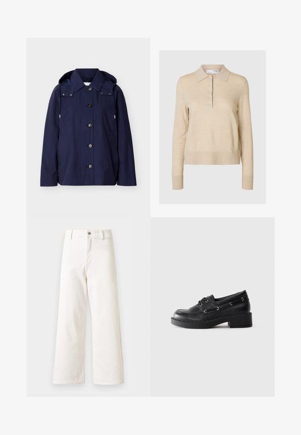 Imperméable bleu marine à boutons, avec col, capuche à cordons, manches longues et poches latérales sur un fond uni.; Pull polo beige à manches longues en tissu doux, doté d'un col classique, d'une patte de boutonnage à cinq boutons, ainsi que de poignets et d'un ourlet côtelés.; Pantalon en denim blanc à taille haute et jambes larges, fermeture devant par bouton et zip, passants pour ceinture, sans poches visibles.; Mocassin en cuir noir avec semelle épaisse, devant à lacets et petit talon carré sur fond clair.