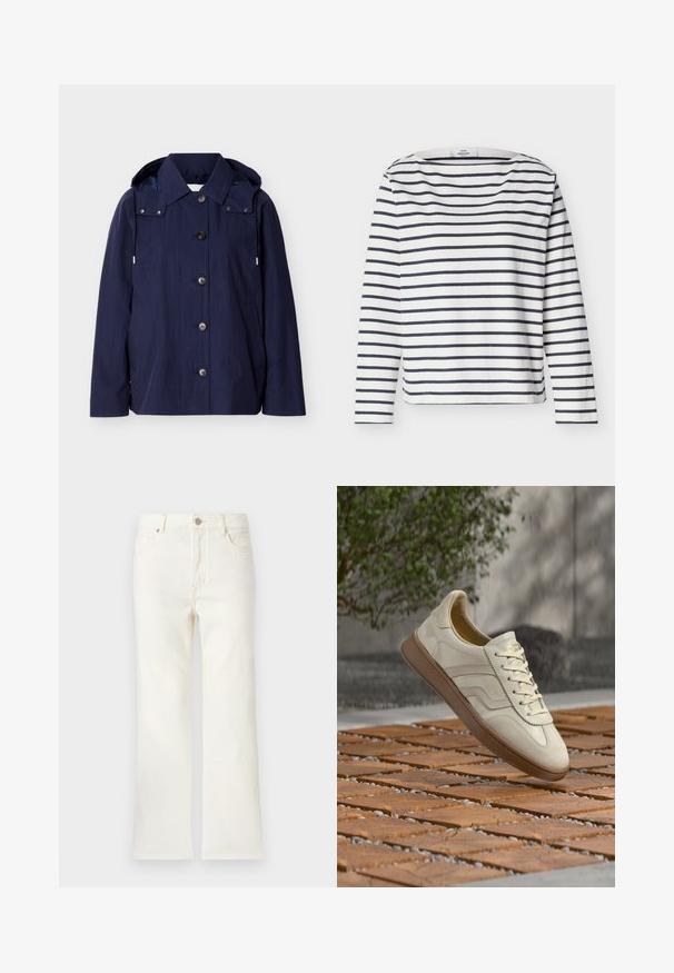 Imperméable bleu marine à boutons, avec col, capuche à cordons, manches longues et poches latérales sur un fond uni.; Haut blanc à manches longues avec des rayures horizontales noires et un large décolleté, en tissu doux.; Jean crème taille haute, jambe droite, avec poches avant, fermeture par bouton et passants pour ceinture sur fond uni.; Baskets couleur crème avec une semelle extérieure en caoutchouc beige texturée, un design à lacets et un marquage subtil sur le côté. Tige en cuir lisse.