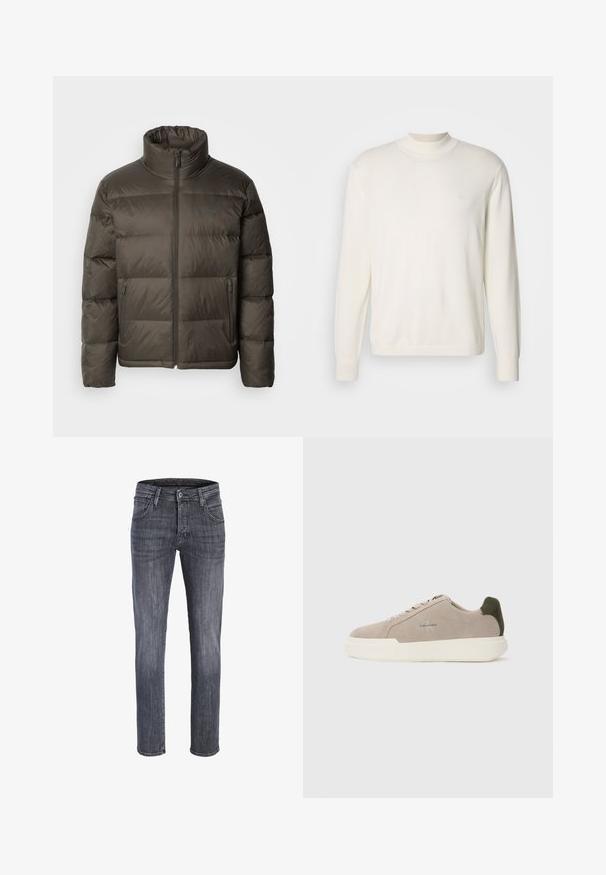 Chaqueta de abrigo de color verde oliva oscuro, con un alto cuello, cierre de cremallera en el frente y secciones cosidas. Presenta bolsillos laterales y una etiqueta de marca en el pecho.; Jersey blanco de manga larga y tejido acanalado con un alto cuello y un pequeño logo en el pecho. Textura suave, corte clásico.; Vaqueros de hombre de pierna recta en denim gris oscuro con botón y cremallera delanteros, trabillas para cinturón y bolsillos delanteros.; Zapatillas de piel de ante beige con suela de goma blanca, que presentan un acento en el talón de color verde oscuro y un sutil logo en el lateral.