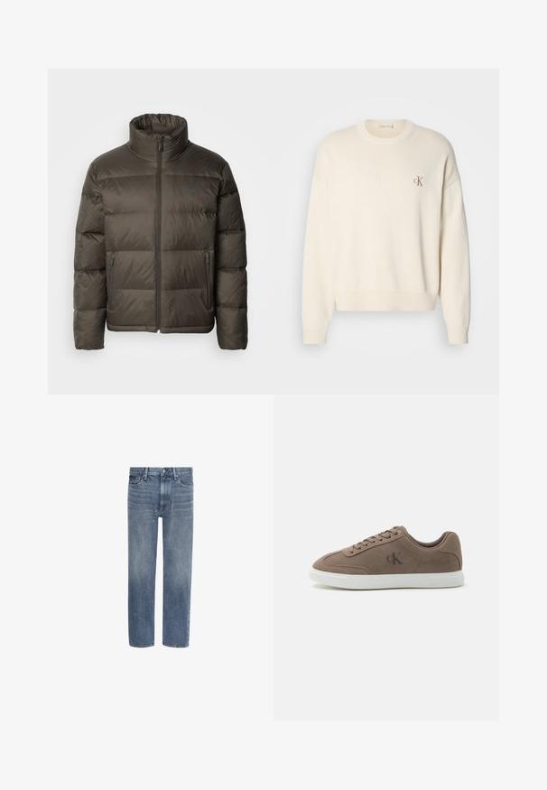 Doudoune vert olive foncé avec un col haut, fermeture éclair devant et sections cousues. Comprend des poches latérales et une étiquette de marque sur la poitrine.; Pull en tricot couleur crème avec une texture côtelée, col rond et épaules tombantes. Présente un petit logo brodé marron sur la poitrine.; Jean en denim bleu à jambes droites, avec poches avant, passants de ceinture et fermeture par bouton.; Baskets basses en daim taupe avec lacets beiges, semelle en caoutchouc blanche et logo subtil "cK" sur le côté.