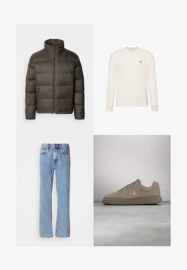 Chaqueta de abrigo de color verde oliva oscuro, con un alto cuello, cierre de cremallera en el frente y secciones cosidas. Presenta bolsillos laterales y una etiqueta de marca en el pecho.; Jersey blanco de punto con manga larga, cuello redondo y pequeño parche con el logo beige de Calvin Klein en el pecho izquierdo.; Jeans de mezclilla azul claro con un diseño de pierna recta, cinco bolsillos y cierre de botón. Detalles de costura cerca de los bolsillos y la cintura.; Zapatilla de gamuza beige con cordones y logotipo "ck", mostrada flotando sobre un suelo de hormigón pulido con una pared de bloques de vidrio al fondo.