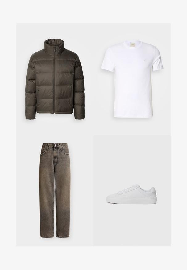 Doudoune vert olive foncé avec un col haut, fermeture éclair devant et sections cousues. Comprend des poches latérales et une étiquette de marque sur la poitrine.; T-shirt en coton blanc avec un col rond, des manches courtes et un petit logo brodé sur la poitrine gauche. Texture lisse.; Jean en denim noir délavé, taille haute, coupe droite, avec bouton frontal, fermeture éclair et design à cinq poches, sur fond uni.; Baskets basses blanches en cuir lisse, avec un bout arrondi, des lacets plats et une semelle en caoutchouc texturée. Design minimaliste sans marquage visible.